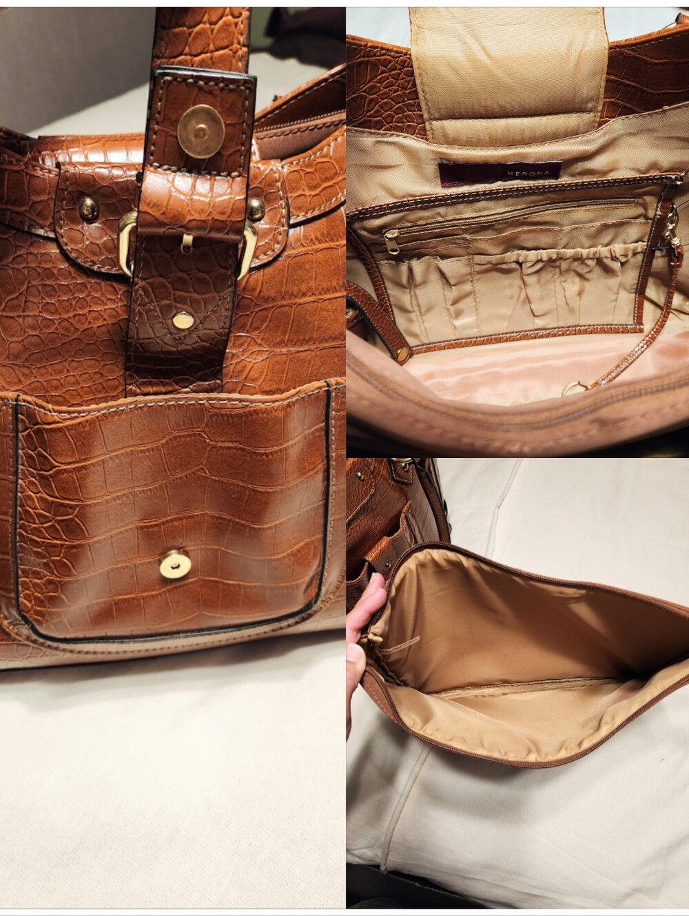 Merona Brown Croc Faux Leather Double Handle Laptop Tote Bag - Picture 7 of 11